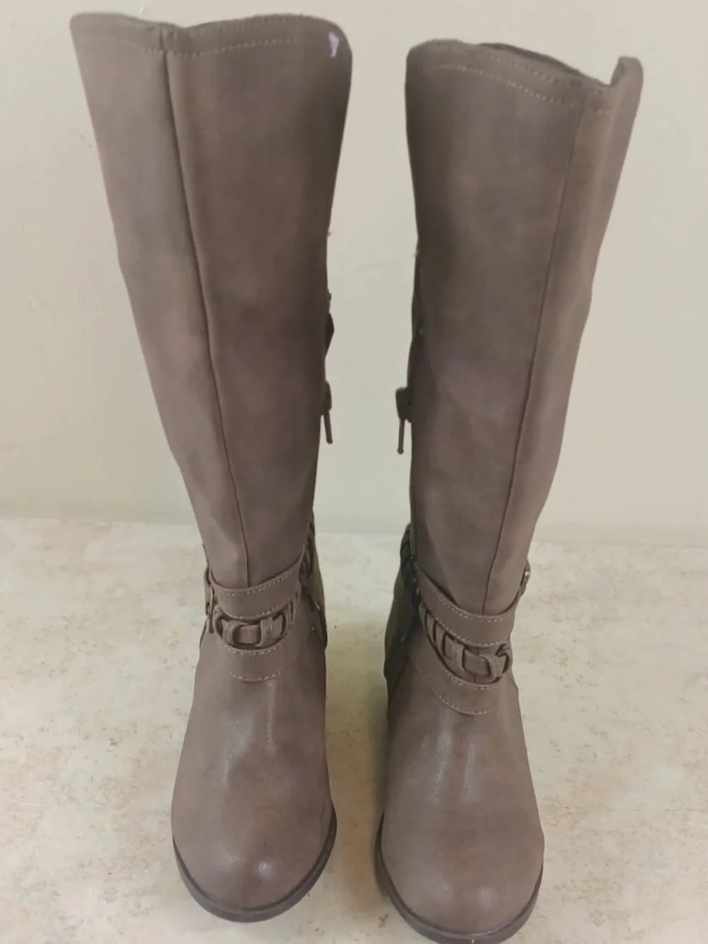 Sugar Brown Mid-Calf Braided Strap Buckle Boots